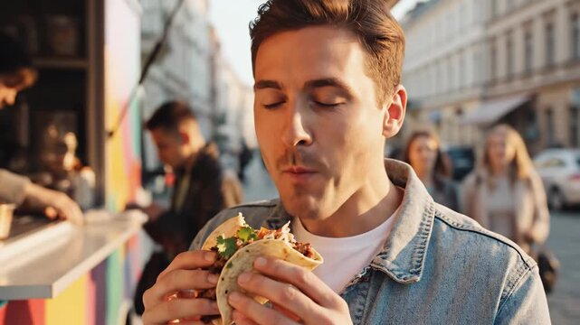 A cheerful young man in a denim jacket enjoys a tasty taco from a street food truck at a vibrant urban market during a sunny day, smiling and looking directly at the camera.