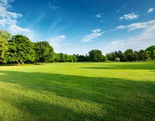 Obraz premium an open grassy field in a public park with well kept grass and a backdrop of mature trees and blue sky