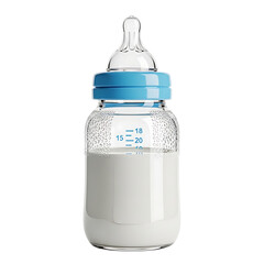 A baby bottle filled with milk on transparent background