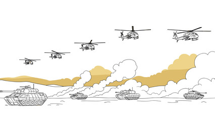 Naklejka premium Military parade with helicopters and tanks in minimal outline style