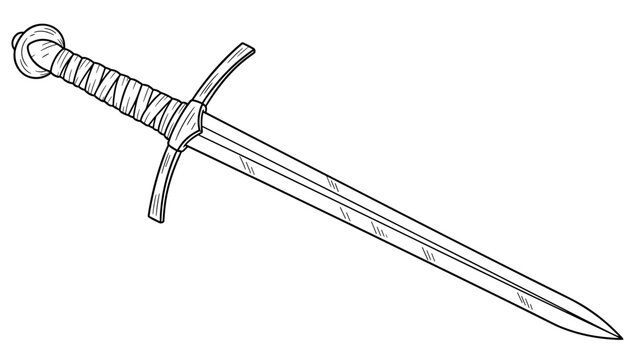 Intricate linear drawing of a medieval sword with detailed crossguard