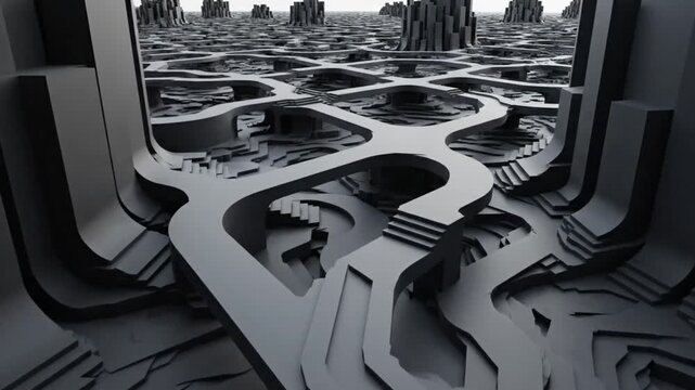 Close-up of a futuristic gray mechanical maze with interlocking gears and cogs in a dark industrial setting with monochromatic tones.
