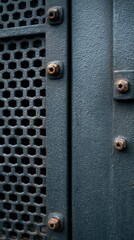 Close-up of blue industrial metal panel with bolt heads and a perforated grate on the left. Weathered texture
