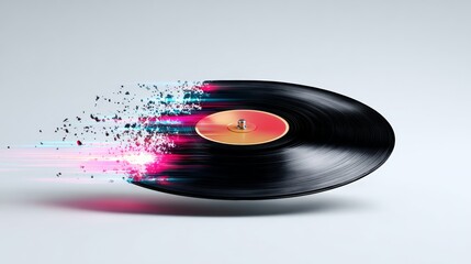 Fototapeta premium Vintage black vinyl record transitioning into vibrant digital sound waves and glowing particles, illustrating the evolution from analog to modern audio technology against a clean white background