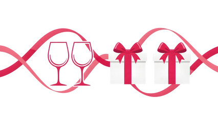 Fototapeta premium Elegant wine glasses and gifts with a flowing pink ribbon for celebrations