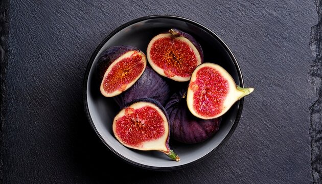 higos frescos abiertos sobre superficie de pizarra con cuenco difuminado al fondo