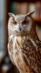 Obraz premium Wise Owl Perched, Staring Ahead with Intense Gaze and Colorful Plumage
