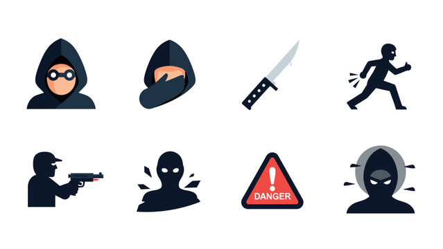 Crime and danger icons set: flat style for modern security awareness