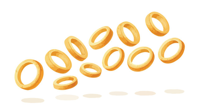Delicious golden fried rings falling through a crisp white space, ready to be a delightful snack. Perfect for fast food menus and culinary designs.
