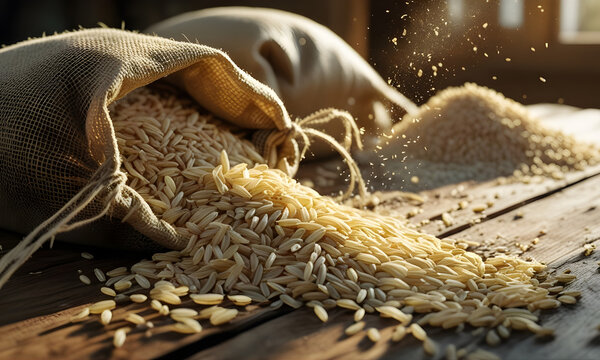 Granos de arroz crudo derram&aacute;ndose de un saco de yute sobre una mesa de madera r&uacute;stica con iluminaci&oacute;n c&aacute;lida y natural