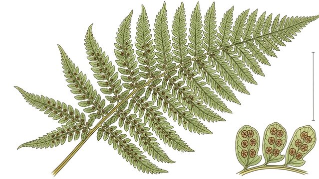 Detailed illustration of fern leaf and spores.