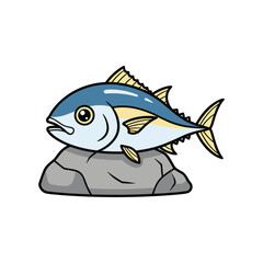 Cartoon tuna fish jumping on gray rock isolated vector illustration seafood marine life