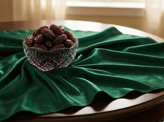 Traditional Dates Fruit in Crystal Bowl on Green Silk Ramadan Iftar Breaking Fast Food