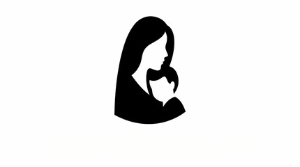 Minimalist black and white silhouette of a mother embracing her child, representing maternal love and protection.