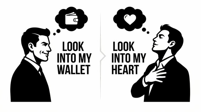 Vector comparison between a materialistic man focused on wealth and a sincere man focused on love and emotional connection.