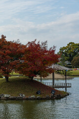 日本　岡山県岡山市北区後楽園の日本庭園内にある沢の池に浮かぶ島茶屋と紅葉