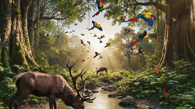 Majestic deer drinking forest stream lush greenery colorful parrot.