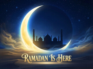 Ramadan Is Here Glowing Crescent Moon with Mosque Silhouette Islamic Celebration Card