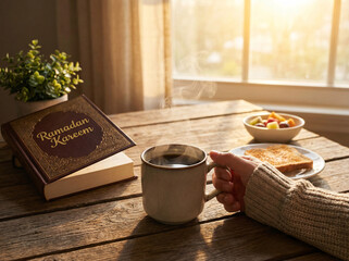 Holy Quran Book with Dates Coffee Cup and Window Light During Ramadan Iftar Time