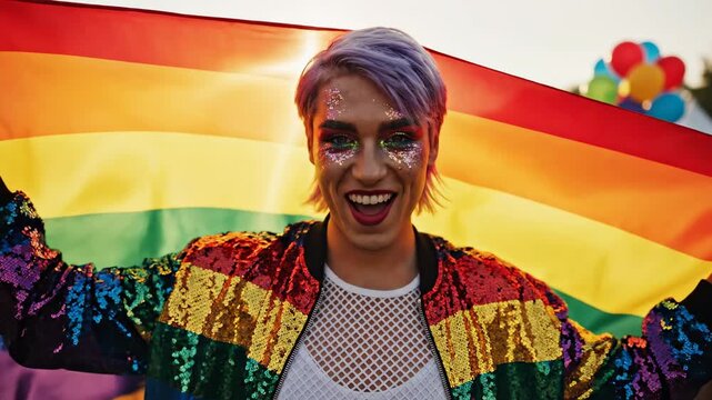 Cinematic 4k shot of a happy person wearing rainbow sequins and glitter makeup, proudly holding a large lgbtq flag during a sunset pride festival with a celebratory crowd in bokeh.