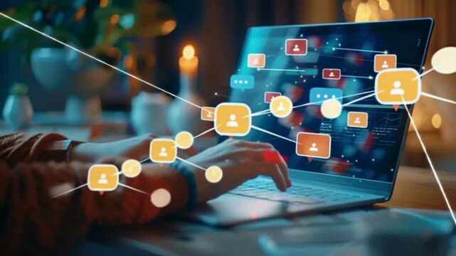 Hand Typing on Laptop with Holographic Network of User Icons &ndash; Digital Ecosystem, Social Connectivity & Platform Architecture
