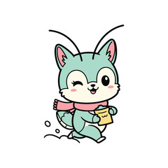 Obraz premium Cute cartoon bunny character holding carrot in green overalls isolated on white background