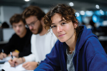 Obraz premium A young woman smiles while studying in a collaborative environment, showcasing the spirit of education, creativity, and the bonds of friendship among peers.