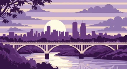 Fotobehang Warm Paars Pixel Art Cityscape Bridge and River Vector Illustration A Serene Urban Landscape at Sunset  © PDWN Creative