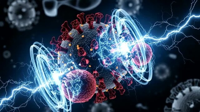 Vibrant depiction of a virus surrounded by energy