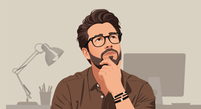 Creative thinking vector illustration of a thoughtful man in eyeglasses with hand on chin contemplating ideas at his desk