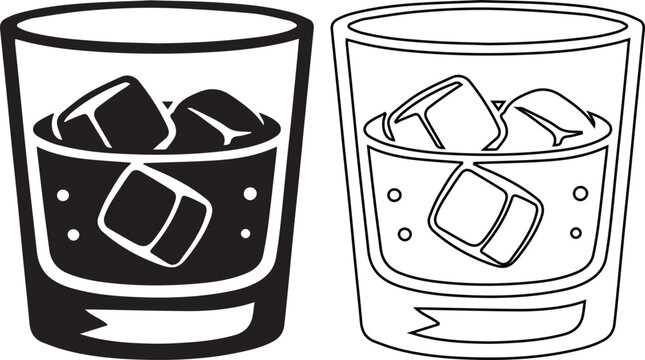 Minimalist black and white vector illustration of a whiskey tumbler glass with ice cubes, cold drink icon set in outline style, clean bar beverage symbol for menu, branding, packaging, and UI design u
