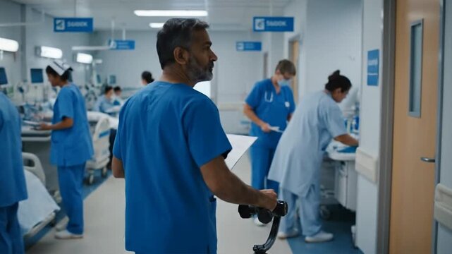 A doctor in india stands in a hospital corridor with medical staff around him