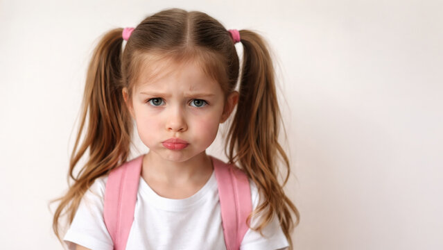 Upset little girl with pigtails and pink backpack pouting and frowning while standing against white background in bright light