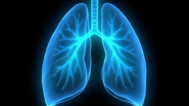 Glowing blue lung anatomy on black background for medical education
