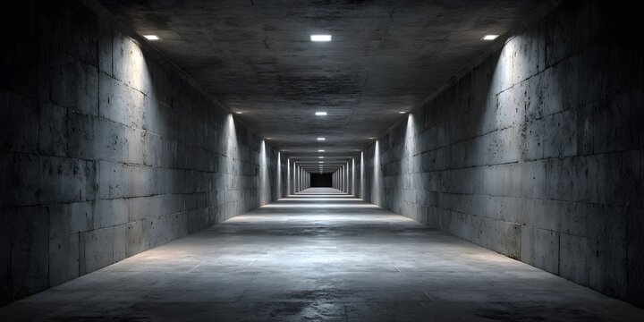 Empty concrete underground tunnel showing a symmetrical perspective with a row of ceiling lights leading to infinity in brutalist style art.