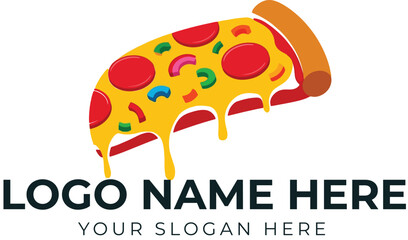 Fototapeta premium Cartoon pizza slice logo vector with cheese, pepperoni, peppers, and mushrooms for pizzeria or casual dining branding