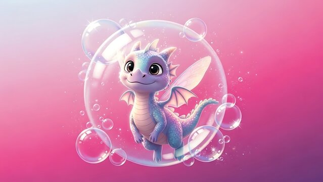 Cute dragon in soap bubble.