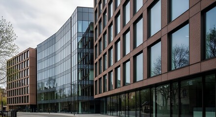 Obraz premium Modern glass office building exterior with reflective windows