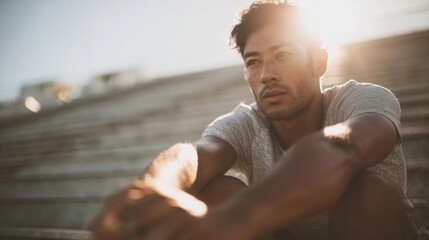 Portrait of a young man sitting on a set of stairs. he is wearing a grey t-shirt and has a serious expression on his face. his arms are crossed over his chest and he is looking off to the side.