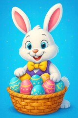 Smiling white easter bunny with yellow bow tie peeking from behind basket full of colorful eggs
