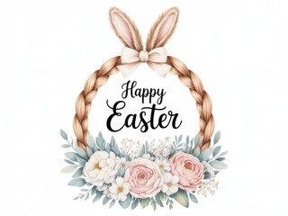 Happy Easter decorative wreath with braided hair, bow, bunny ears and pink flowers, greeting card