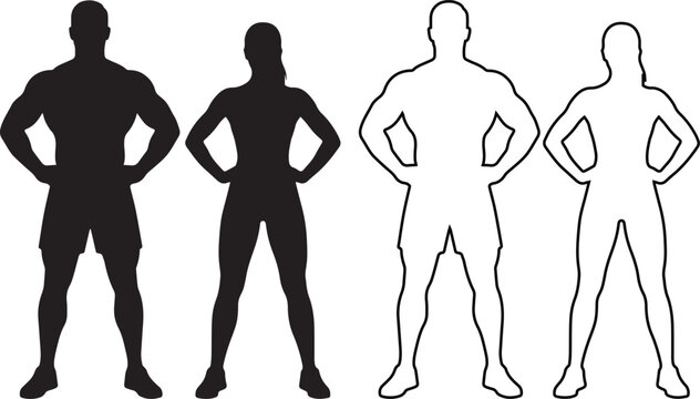 Fitness man and woman vector icon set featuring black silhouette and outline styles. Athletic couple standing with hands on hips for gym, workout, sport and personal training design symbols.