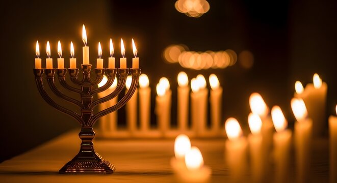 Menorah with eight lit candles and a shamash in a dark room with bokeh lights hanukkah flame