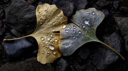Water droplets hung on the ginkgo leaves