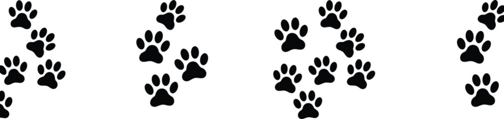 Animal paw prints pattern, dog cat footprints trail, pet tracks silhouette background, black vector illustration © Atik's World