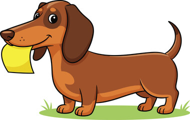 WebCute cartoon dachshund dog character holding a yellow paper in its mouth for pet service animal communication and branding