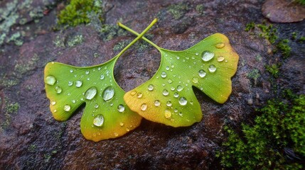 Water droplets hung on the ginkgo leaves