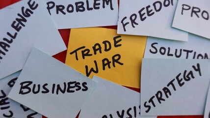 Fototapeta premium Conceptual Photo of 'Trade War' Among Business Terms on Sticky Notes