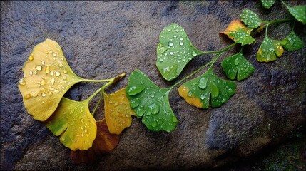 Water droplets hung on the ginkgo leaves