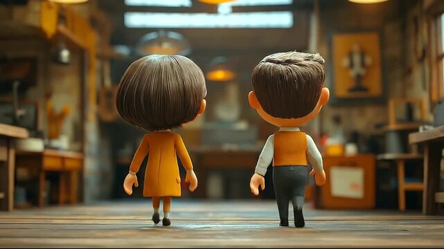 Two animated children smiling in a cozy workshop